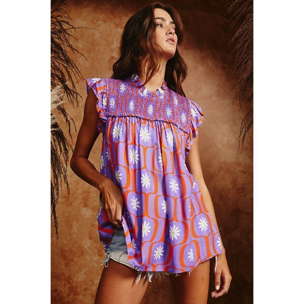SALE! Bucketlist Retro Floral Geometric Print Top Smocked Detail S-L New T1421-1 - Picture 7 of 12